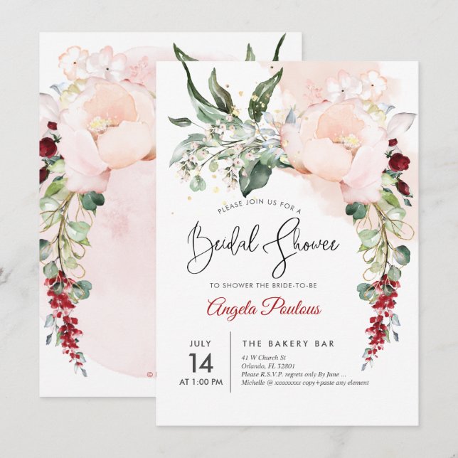 PixDezines Blush Watercolor Flowers Bridal Shower Invitation (Front/Back)