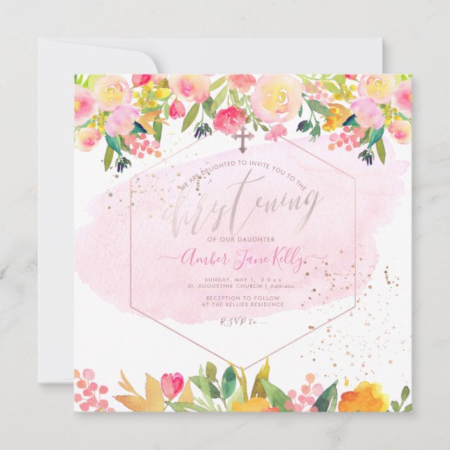 PixDezines Blush Watercolor Flowers Christening Invitation (Front)