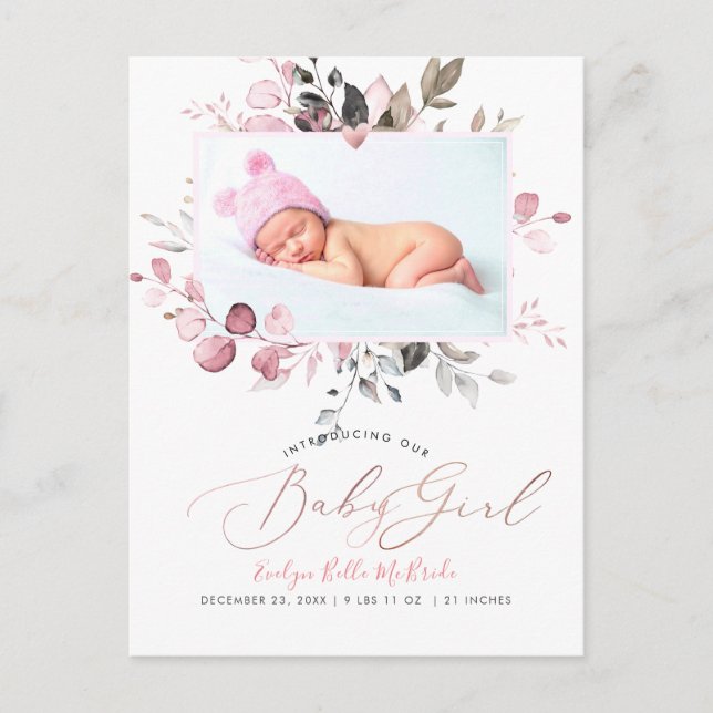 PixDezines Blush Watercolor flowers Girl Birth Pos Postcard (Front)