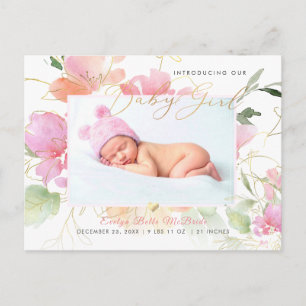 PixDezines Blush Watercolor flowers Girl Birth Postcard