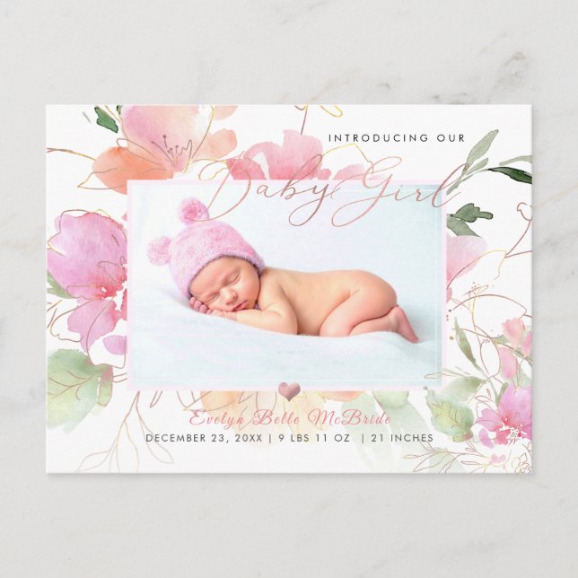 PixDezines Blush Watercolor flowers Girl Birth Postcard (Front)
