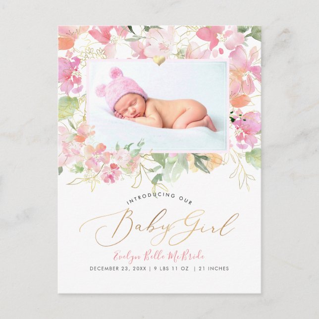 PixDezines Blush Watercolor flowers Girl Birth Postcard (Front)