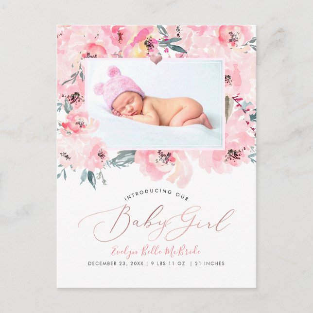 PixDezines Blush Watercolor Peonies Girl Birth Postcard (Front)