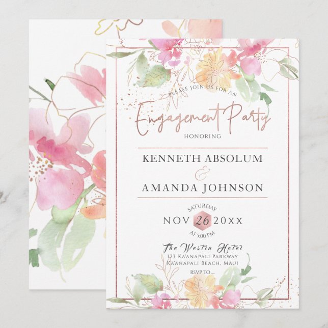 PixDezines Blushing Romance, Watercolor Flowers Invitation (Front/Back)