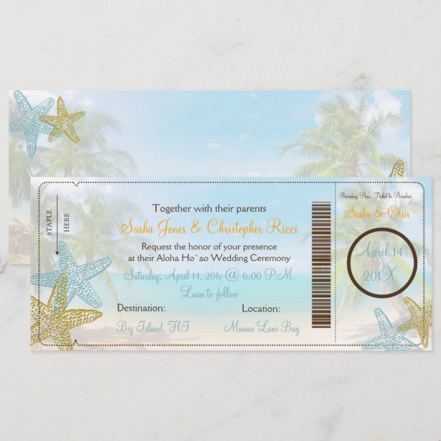 PixDezines Boarding Pass+Beach Wedding Invitations (Front/Back)