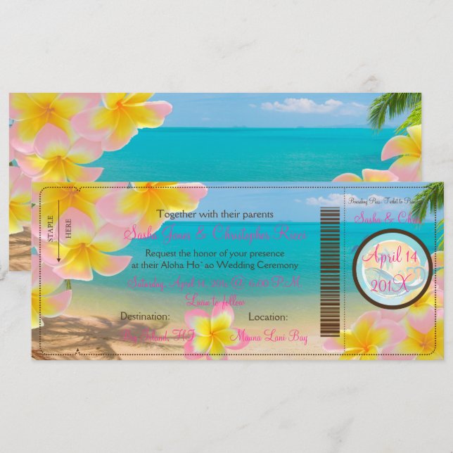 PixDezines BOARDING PASS+PINK PLUMERIA+BEACH Invitation (Front/Back)