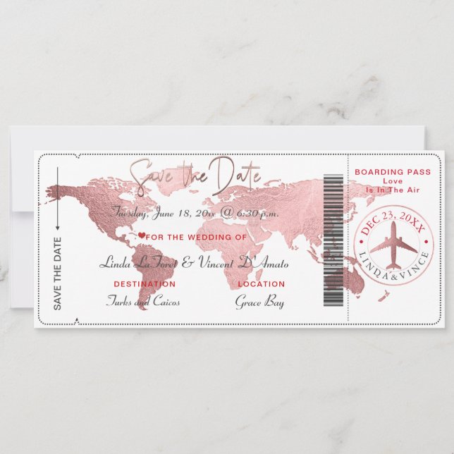 PixDezines Boarding Pass Save the Date, World Map Invitation (Front)