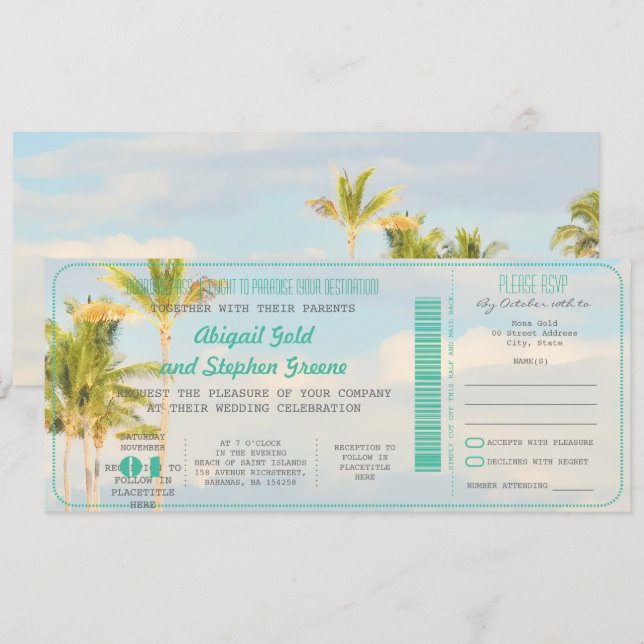 PixDezines Boarding Pass+Vintage Beach Wedding Invitation (Front/Back)