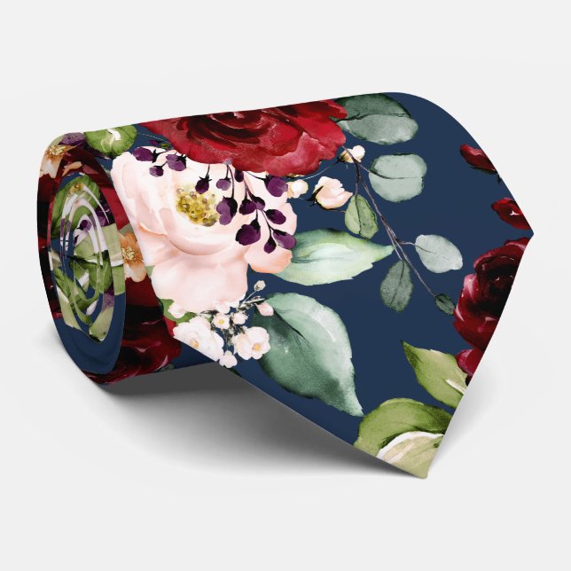 PixDezines Boho Blush Burgundy Watercolor Flowers  Tie (Rolled)