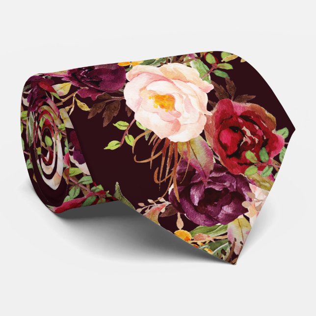 PixDezines Boho Blush Burgundy Watercolor Flowers Tie (Rolled)