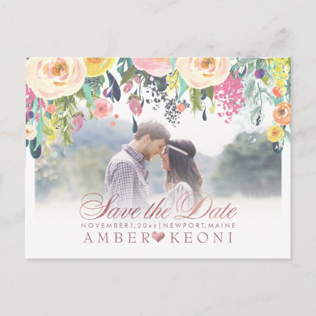 PixDezines Boho Floral Save the Date/FauxRose Gold Announcement Postcard (Front)