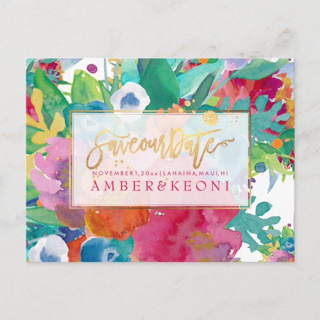 PixDezines Boho Floral Watercolor Save Date Announcement Postcard (Front)