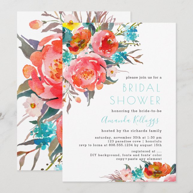 PixDezines Bridal Shower Bright Watercolor Flowers Invitation (Front/Back)