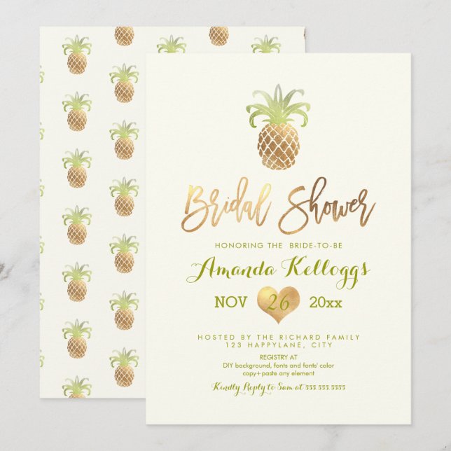 PixDezines Bridal Shower/Faux Gold/Pineapples Invitation (Front/Back)