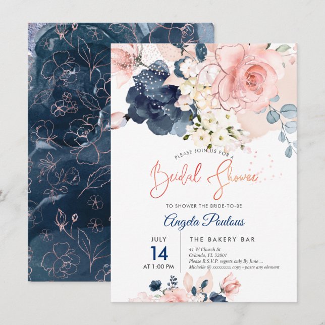 PixDezines Bridal Shower Navy Blush H2 flowers Invitation (Front/Back)