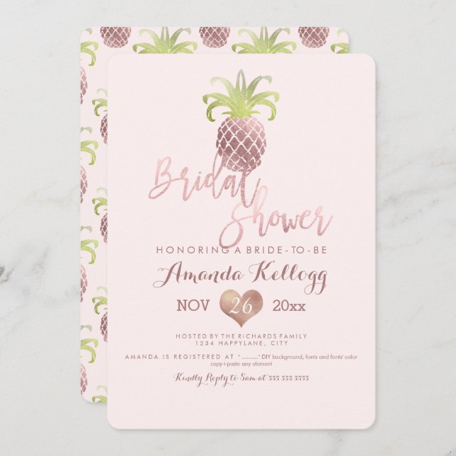 PixDezines Bridal Shower/Rose Gold/Pineapples Invitation (Front/Back)