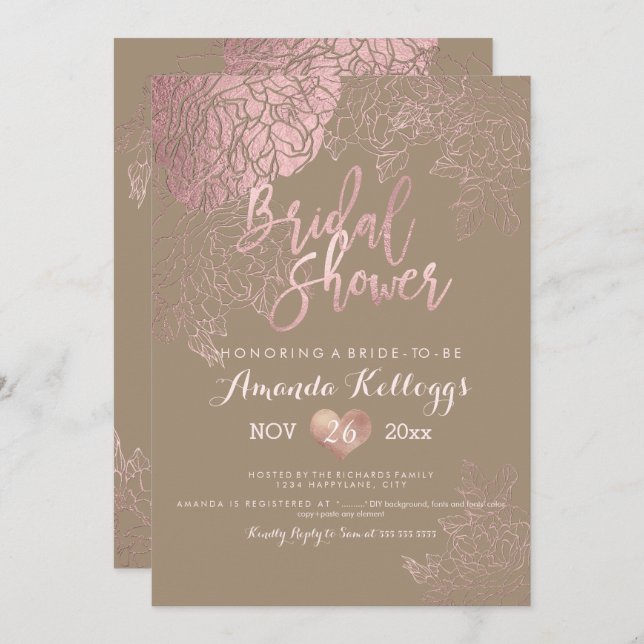 PixDezines Bridal Shower/Roses/ROSE GOLD/Faux Foil Invitation (Front/Back)