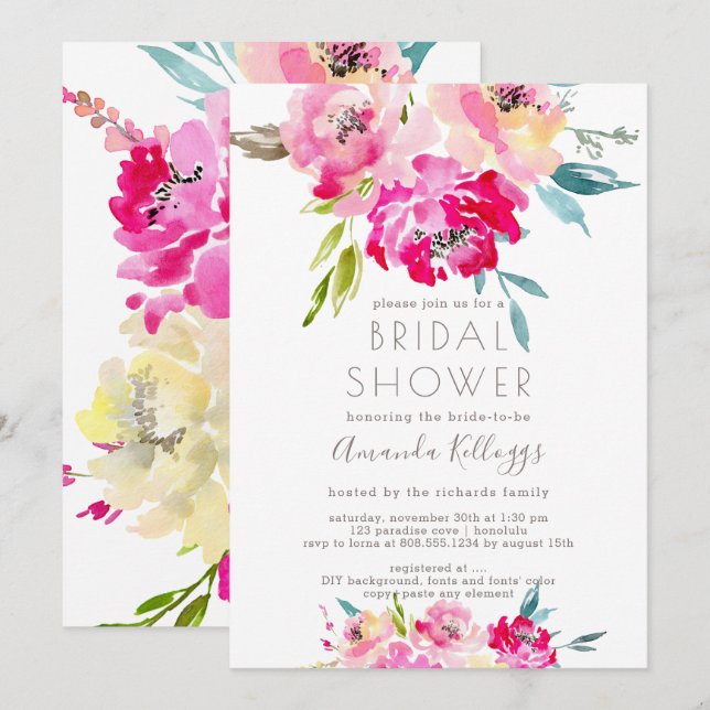 PixDezines Bridal Shower Watercolor Peonies Invitation (Front/Back)