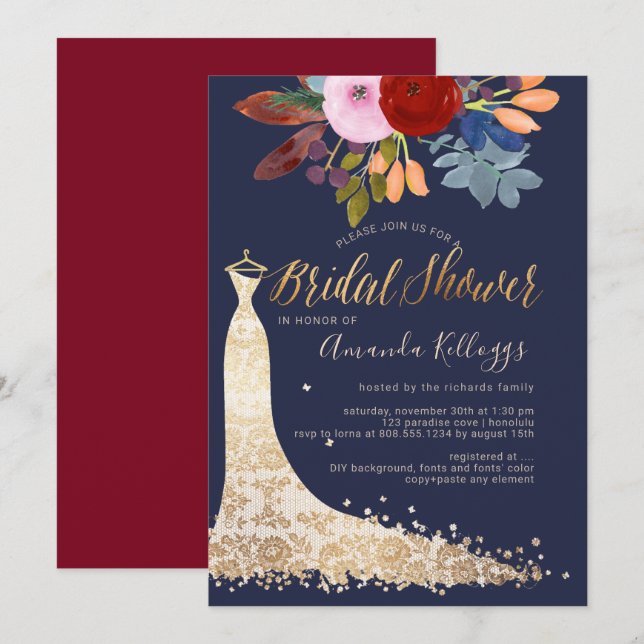 PixDezines Bridal Shower Watercolor Red+Blue Invitation (Front/Back)