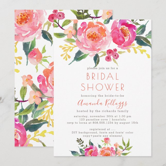 PixDezines Bridal Shower Watercolor Summer Peonies Invitation (Front/Back)