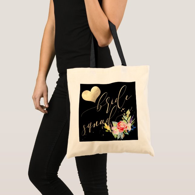PixDezines Bride Squad|Flowe|Faux Gold Script Tote Bag (Front (Product))