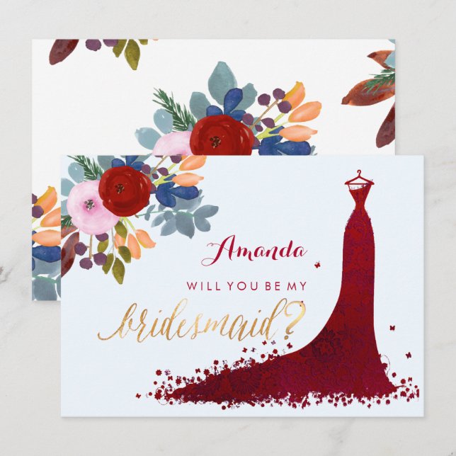 PixDezines Bridesmaid/Floral/Watercolor/Red Invitation (Front/Back)