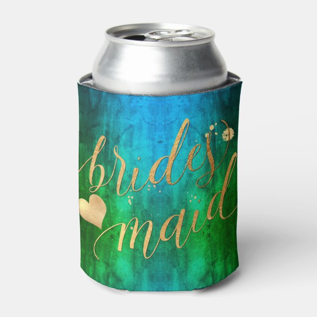PixDezines Bridesmaid, Watercolor Ombre Peacock Can Cooler (Can Front)
