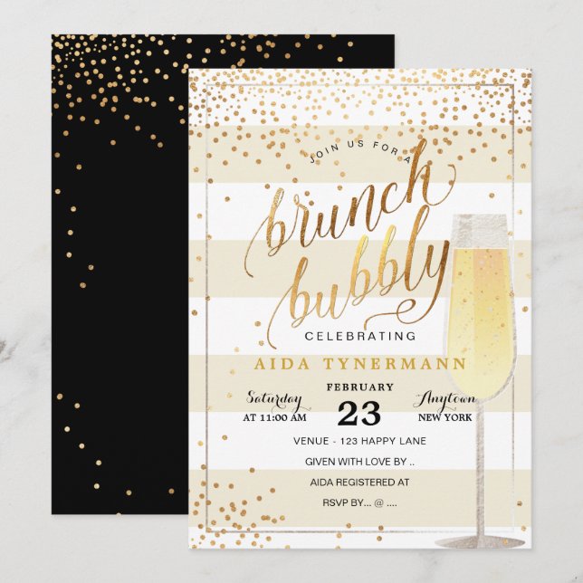 PixDezines Bruch+Bubbly Faux Gold Confetti Invitation (Front/Back)