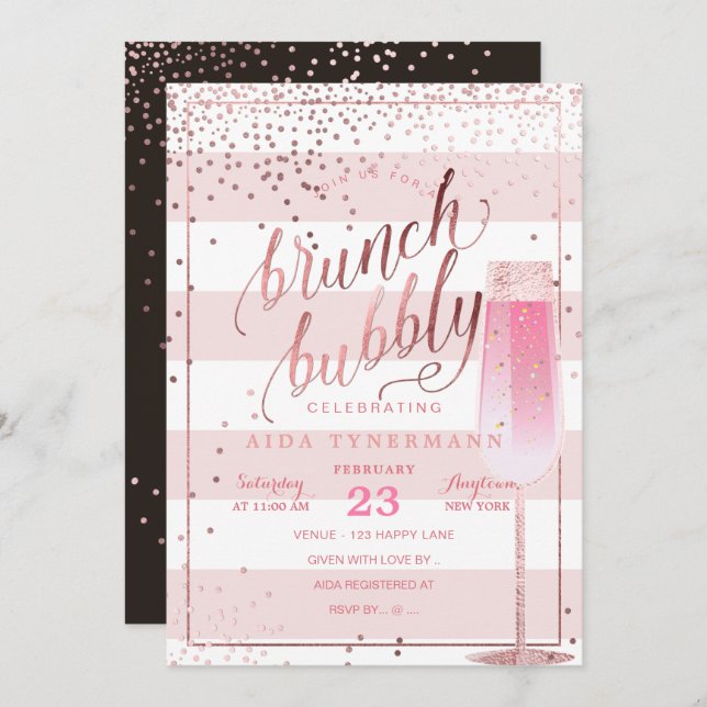 PixDezines Bruch+Bubbly Faux Rose Gold Confetti Invitation (Front/Back)