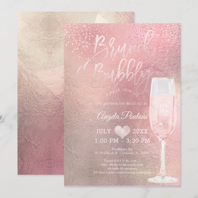 PixDezines Brunch Bubbly/Confetti+Ombre Rose Invitation (Front/Back)