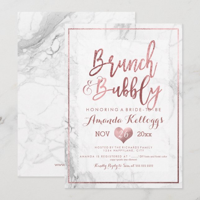 PixDezines Brunch Bubbly/Faux Rose Gold Marble Invitation (Front/Back)