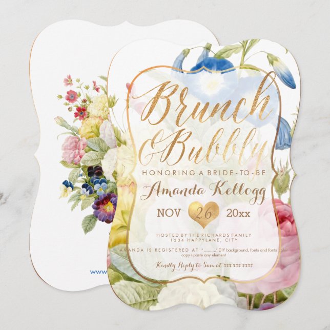 PixDezines Brunch & Bubbly Vintage Botanical Invitation (Front/Back)