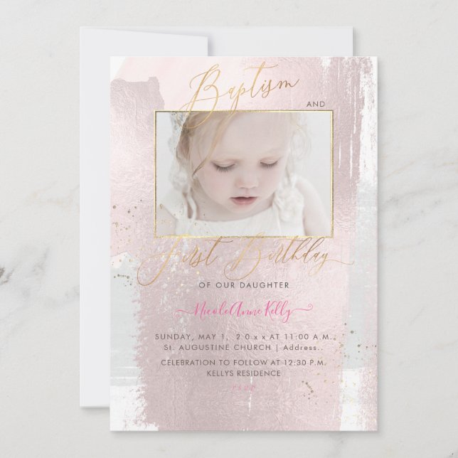 PixDezines Brushed Watercolor Baptism 1st Birthday Invitation (Front)