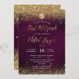 PixDezines Burgundy Gold Glitter Bat Mitzvah Invitation