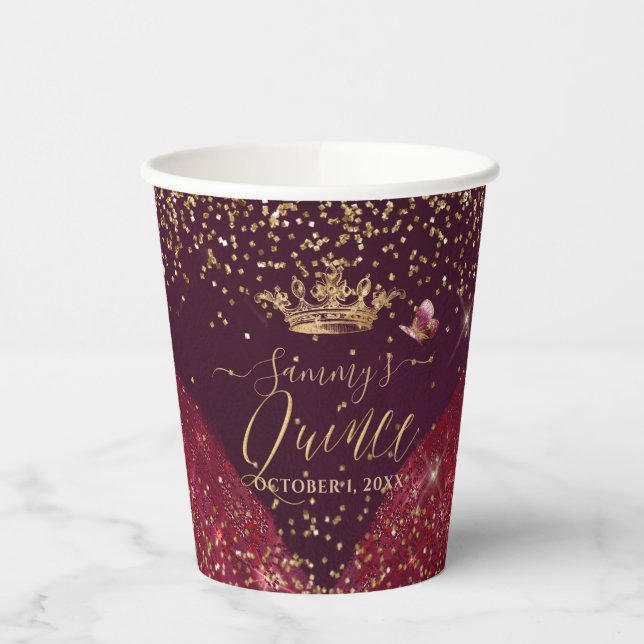 PixDezines Burgundy Gold Quinceanera Dress  Paper Cups (Left)