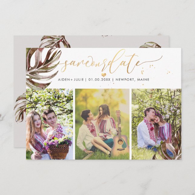 PixDezines Burgundy Monstera Faux Gold Save The Date (Front/Back)