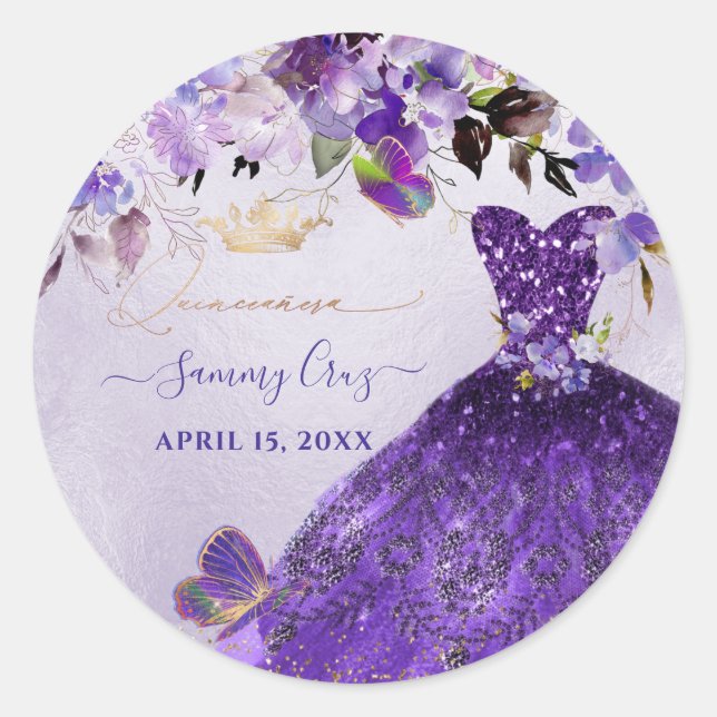 PixDezines Butterflies Quinceanera, Dark Purple In Classic Round Sticker (Front)