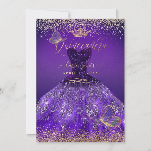 PixDezines Butterflies Quinceanera, Dark Purple Invitation (Front)