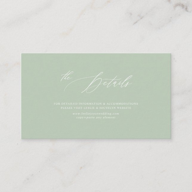 PixDezines Celadon Green Luxe Script Details Enclosure Card (Front)