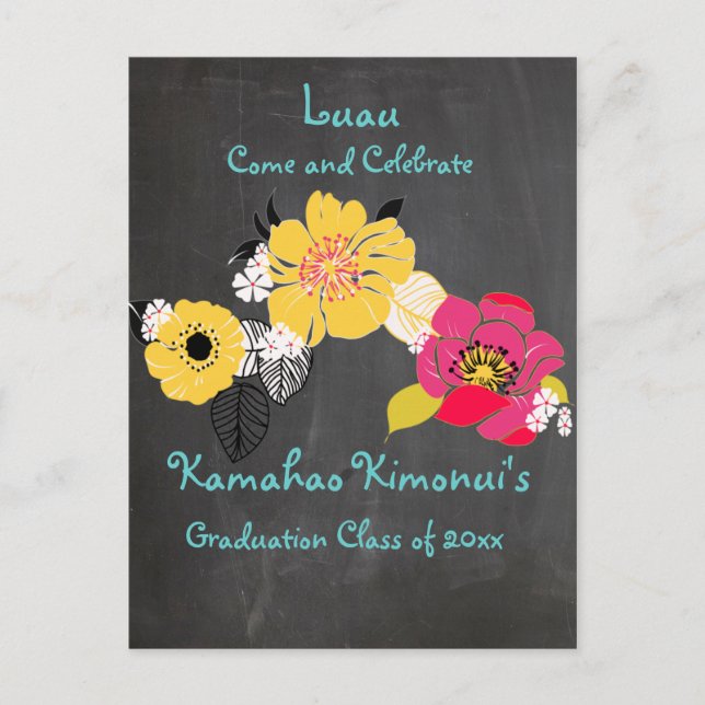 PixDezines chalkboard luau Graduation/tropical Announcement Postcard (Front)