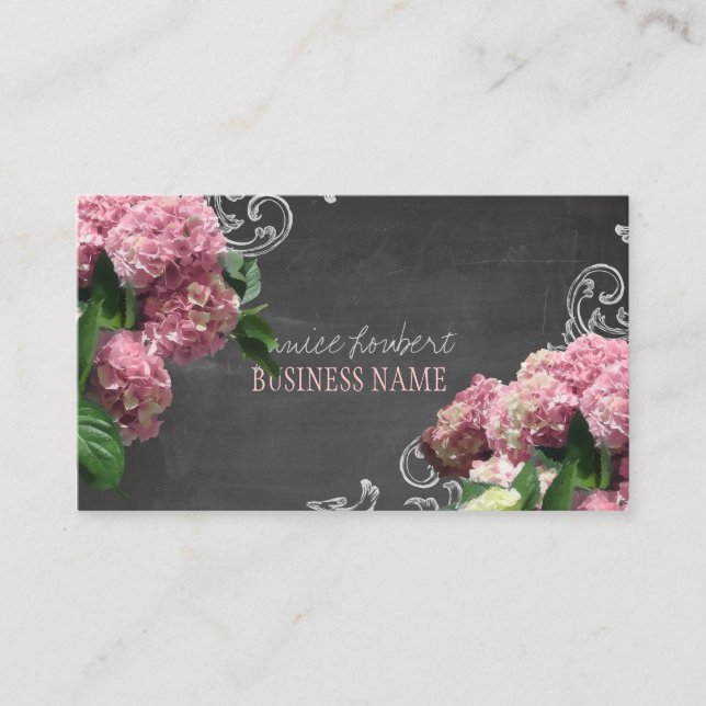 PixDezines Chalkboard+Pink Hydrangea Business Card (Front)