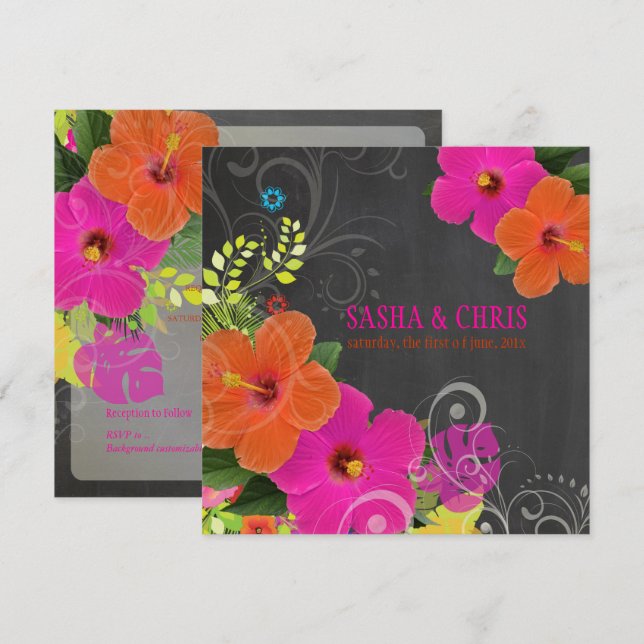 PixDezines Chalkboard/Pink/Orange Hibiscus Invitation (Front/Back)