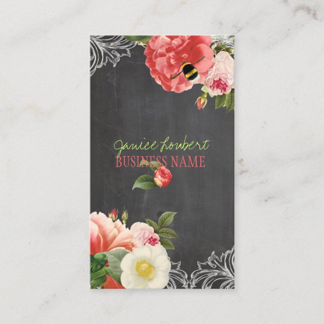 PixDezines Chalkboard+Vintage Peonies Business Card (Front)