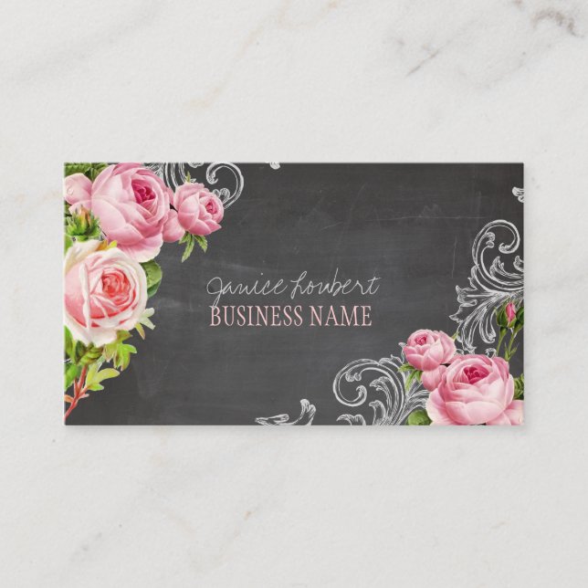 PixDezines Chalkboard+Vintage Roses Business Card (Front)