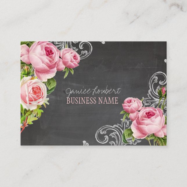PixDezines Chalkboard+Vintage Roses Business Card (Front)