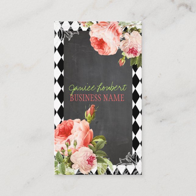 PixDezines Chalkboard+Vintage Roses Business Card (Front)