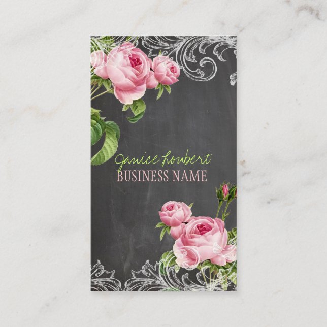 PixDezines Chalkboard+Vintage Roses Business Card (Front)