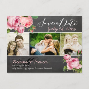 PixDezines chalkboard+vintage roses save the date Announcement Postcard