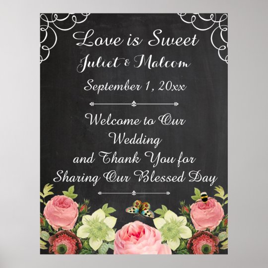 PixDezines chalkboard/vintage roses/wedding Poster