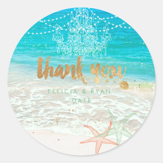 PixDezines chandelier/beach/lightstrings thank you Classic Round Sticker (Front)